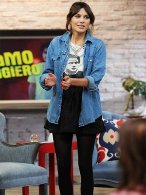 Alexa Chung wearing a denim jacket and leggings