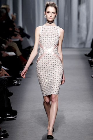 Chanel's diamond check print dress with beading and pink ribbon