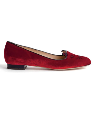Charlotte Olympia red velvet slippers